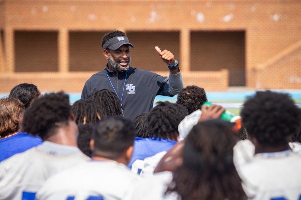Head coach Trent Boykin talks to his team after practice at Hampton University in Hampton, Virginia, on Aug. 15, 2024. (Billy Schuerman / The Virginian-Pilot)
