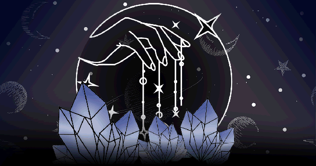 Gif shows celestial hand holding stars over crystals depicting horoscopes for today: Thursday August 29, 2024.