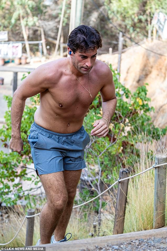 He was spotted running up and down stairs, as well as doing dips to work on his triceps and tackling a rope climb