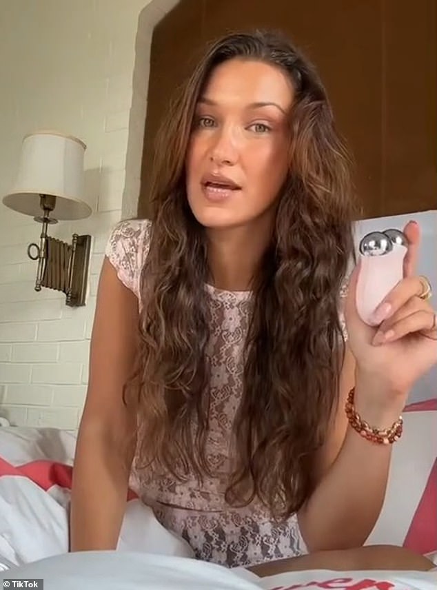 Hadid explained that she will also 'plunge' her face into ice in the morning, as well as use a NuFace toning device