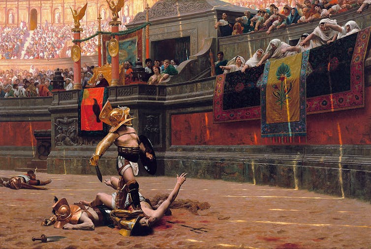 Painting of a gladiator with crowd giving a thumbs down