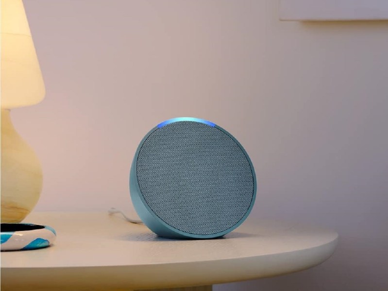 The Amazon Echo Pop on a table.