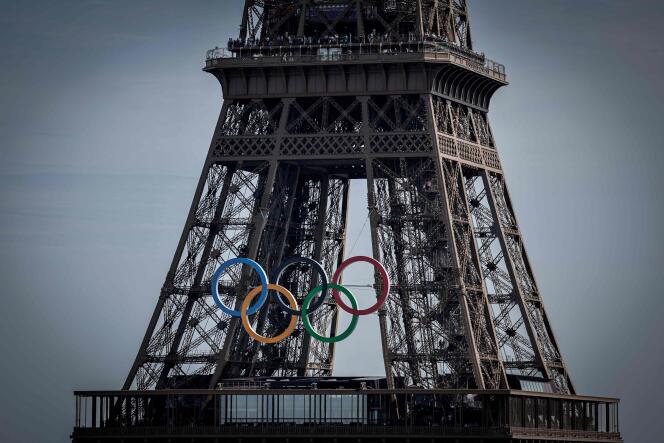 This photograph shows Olympic Rings on the Eiffel Tower taken from France Televisions set in Trocadero, during the Paris 2024 Olympic Games, in Paris, on July 31, 2024.
