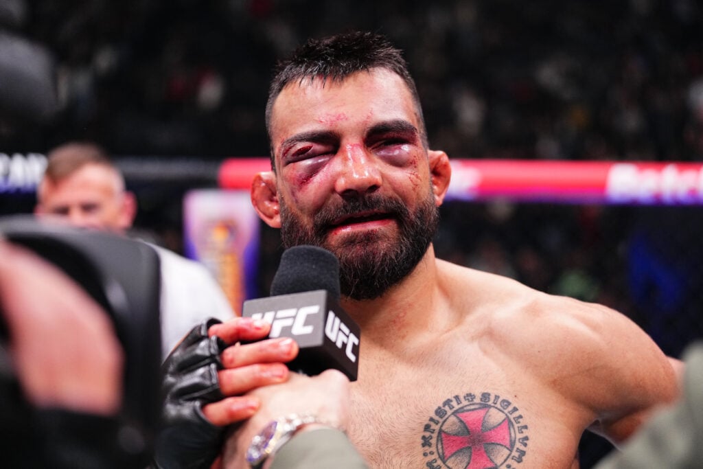 Benoit Saint Denis of France reacts after a TKO loss against Renato Moicano of Brazil in a lightweight fight during the UFC Fight Night event at Th...