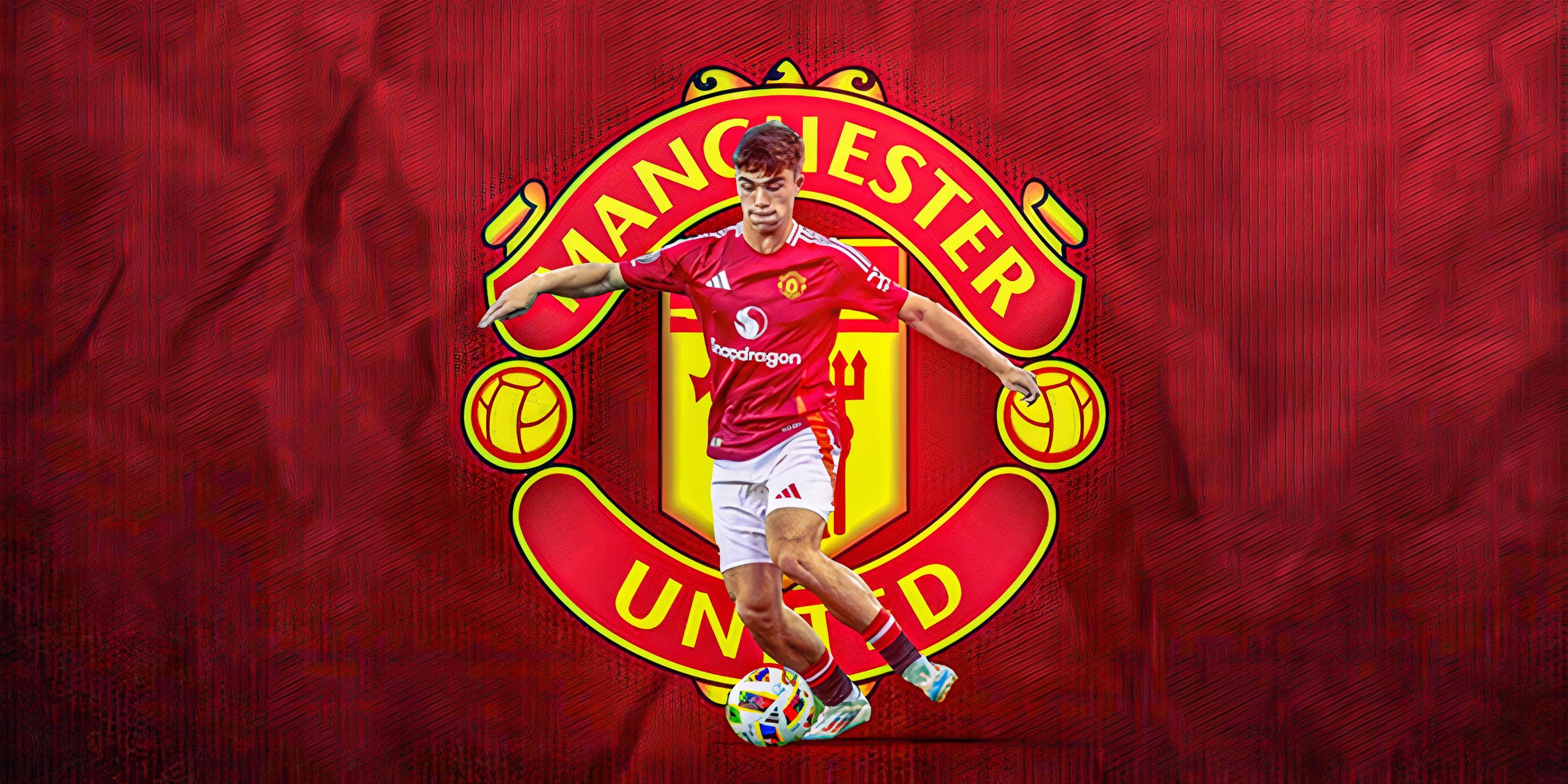 Manchester United left-back Harry Amass in front of the Red Devils' badge