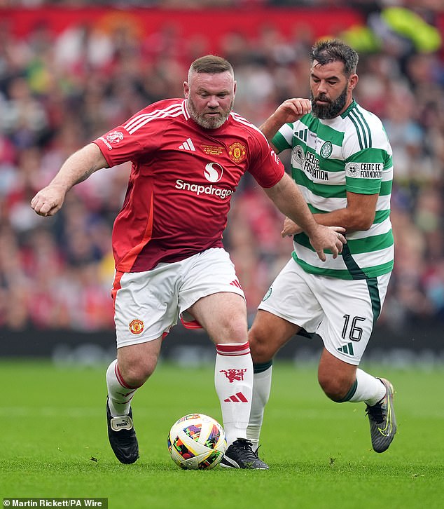 The star has struggled to keep the pounds off since retirement; the footballer pictured playing in a recent Legends match at Old Trafford in early September, where he scored a great goal