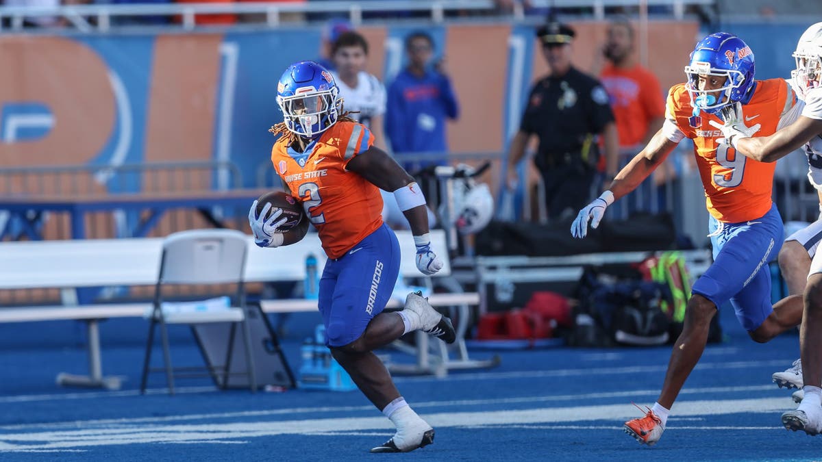 Boise State's Ashton Jeanty leads all FBS running backs with 1,031 rushing yards through the first six weeks of the season. (Photo by Loren Orr/Getty Images)