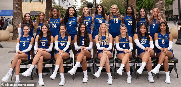 Fleming (bottom left) is pictured with her San Jose State University teammates