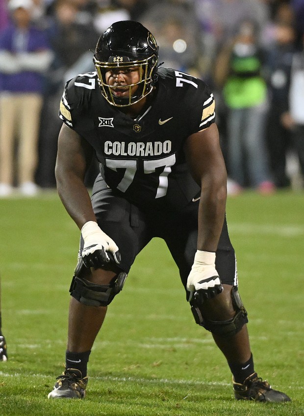 Colorado left tackle Jordan Seaton during a game against Kansas...