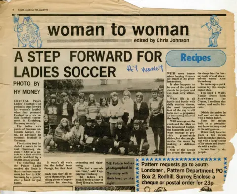 HY MONEY/ TOPFOTO A newspaper clipping from 1972 with the headline "A Step Forward for Ladies Soccer," featuring a photo of the Crystal Palace Ladies' football team. The article highlights the team's participation in an international tournament in Germany, marking progress for women's football.