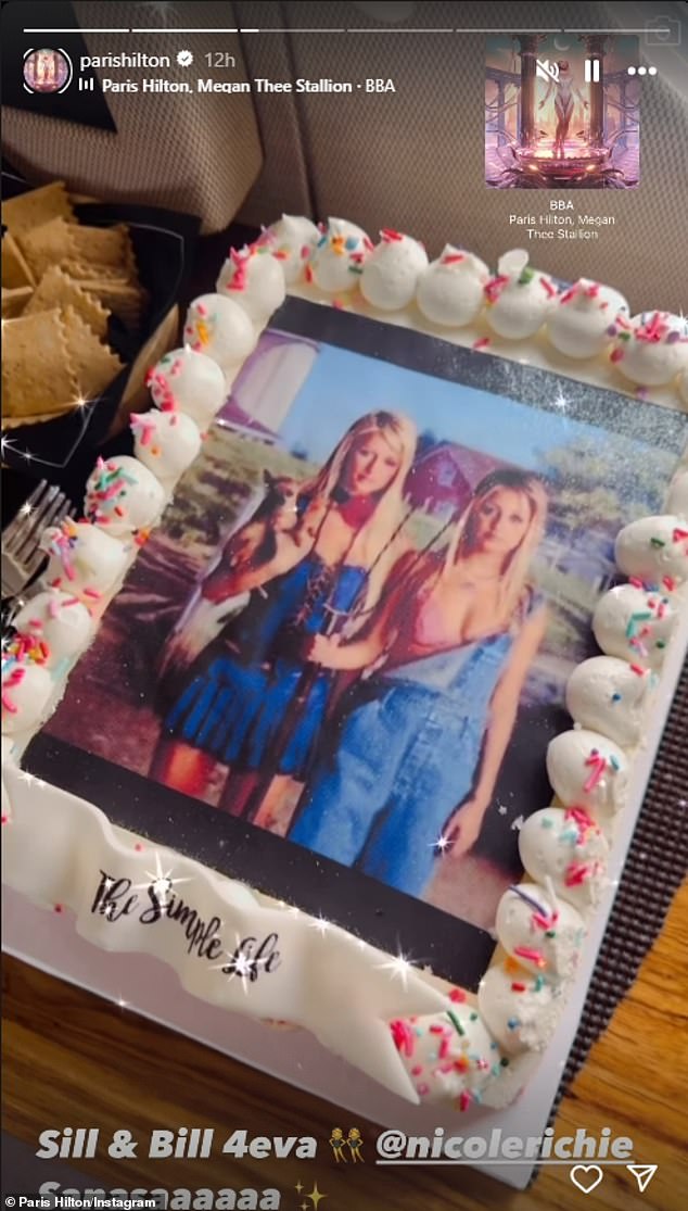 There was also a cake featuring a photo of Paris and best friend Nicole Richie from their 2003 show The Simple Life