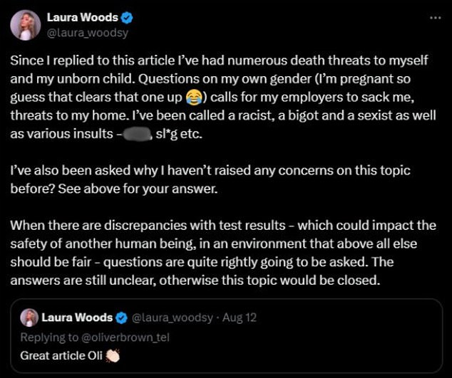 Woods took to social media app X to share the abuse that she had been receiving after wading in on the Olympic boxing gender row