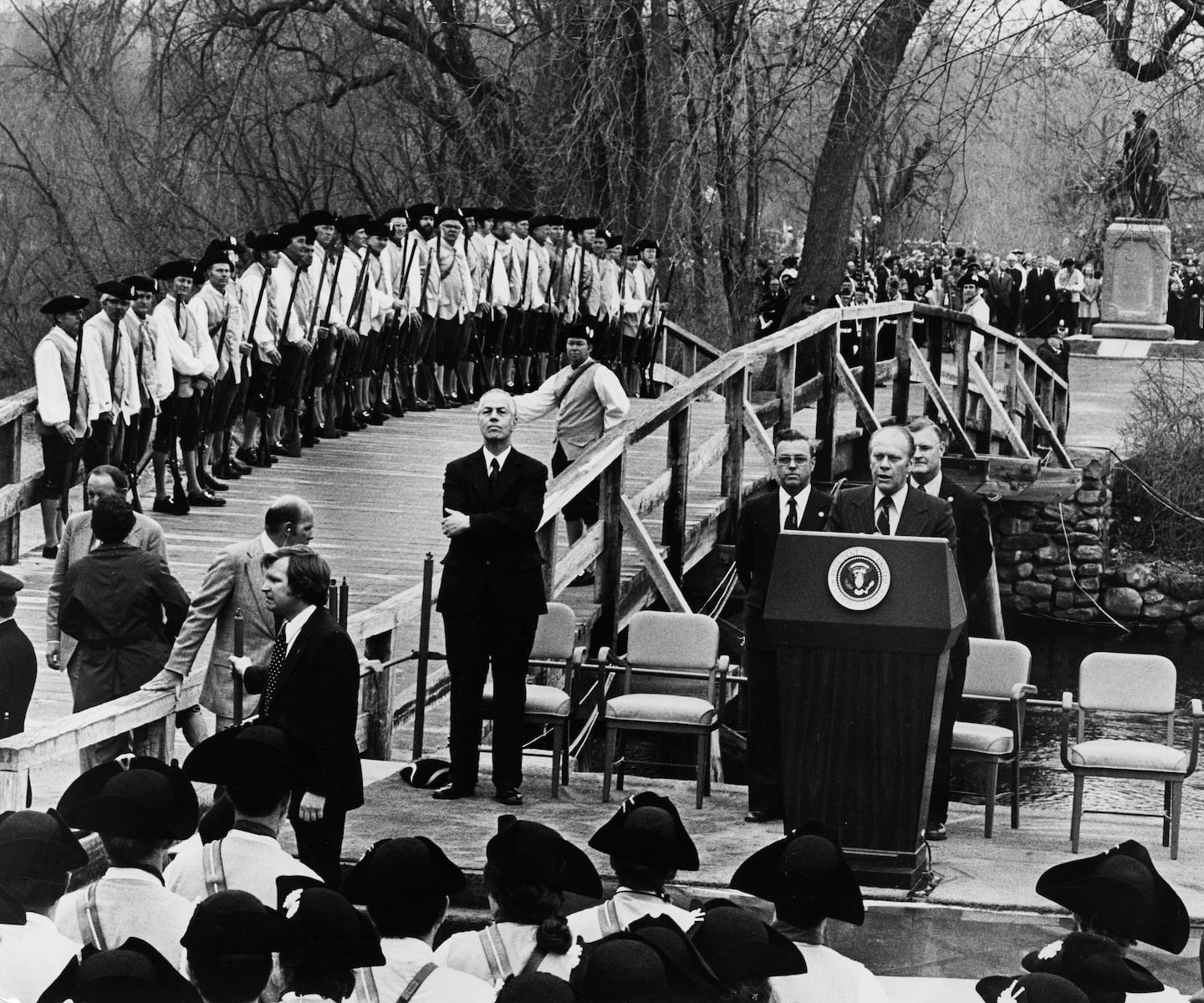 As part of America's bicentennial celebration, President Gerald Ford delivered a speech marking the 200th anniversary of the Battle of Lexington and Concord in Concord, Mass., on April 19, 1975.