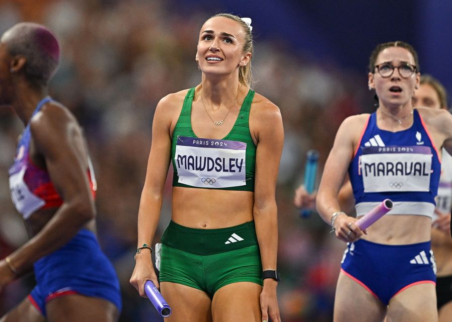Sharlene Mawdsley  after the women's 4x400 relay final at the Stade de France during the Olympic Games in Paris. Photo: Sam Barnes/Sportsfile