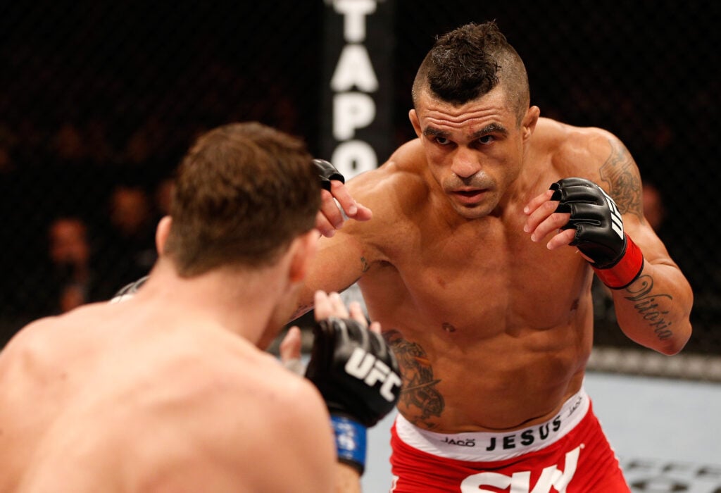 (R-L) Vitor Belfort squares off with Michael Bisping in their middleweight fight at the UFC on FX event on January 19, 2013 at Ibirapuera Gymnasium...