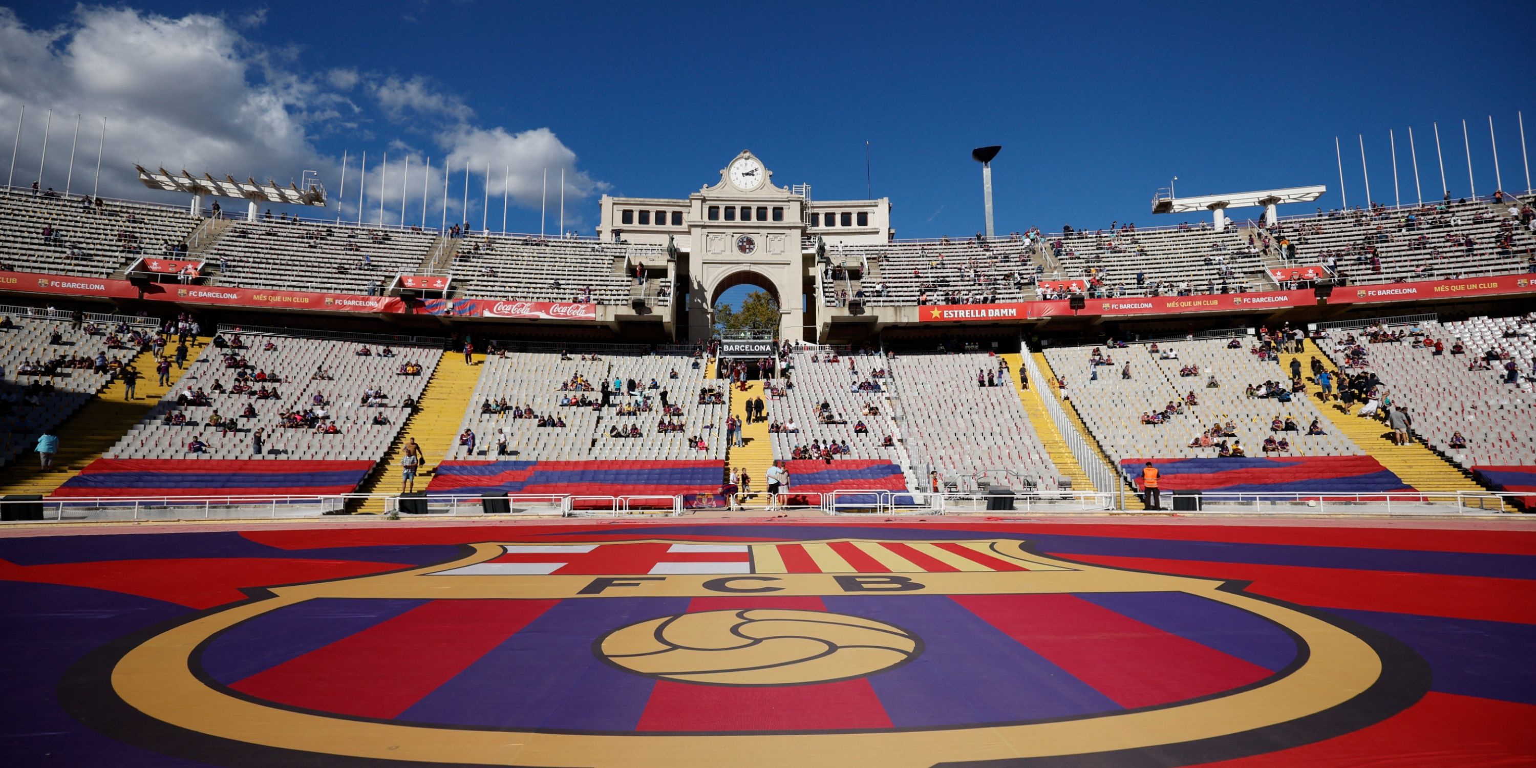 A shot of the Barcelona badge at their stadium