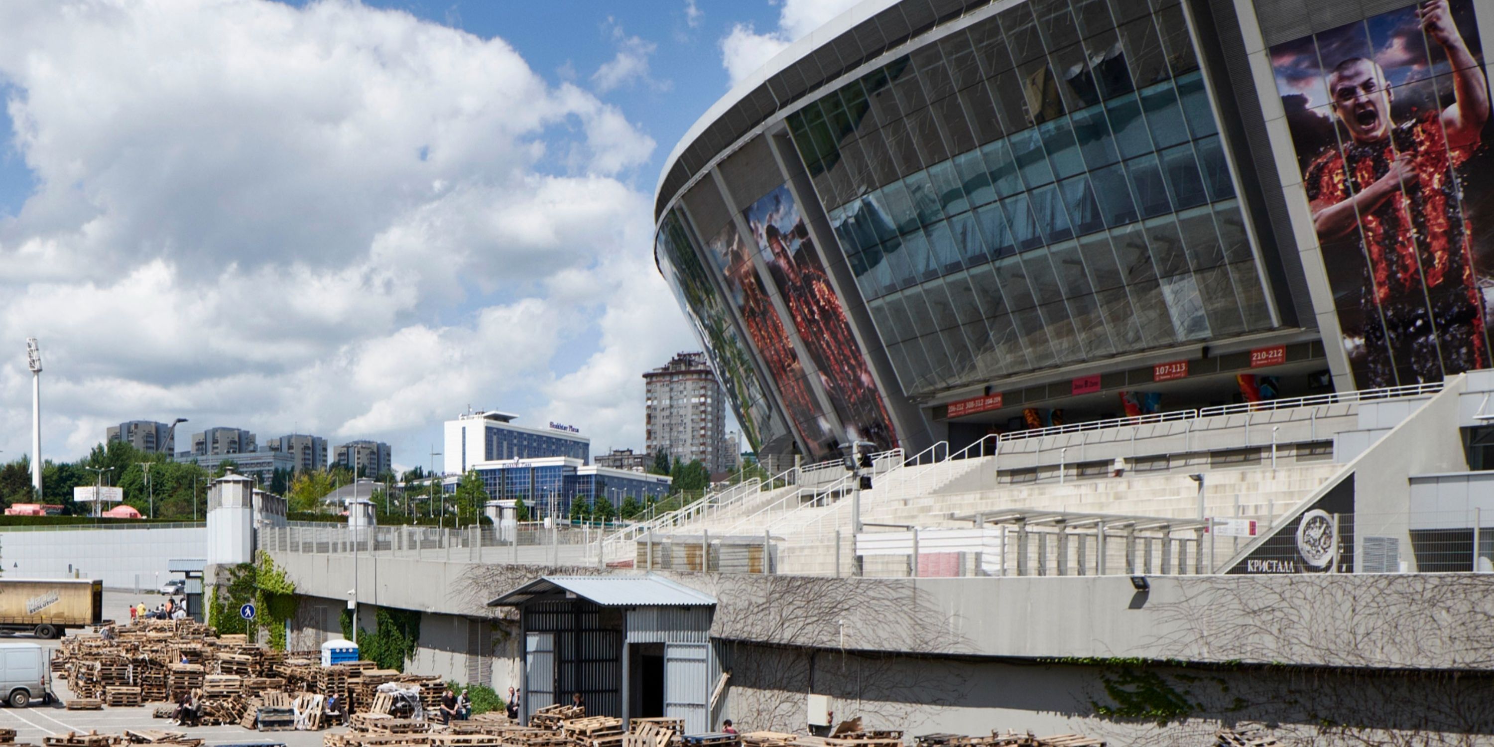 Pallets outside the Donbas Arena 