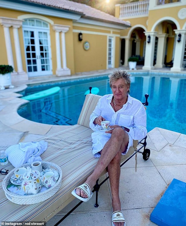 His opulent LA lifestyle comes despite Rod himself admitting he's 'shrewd' with finances. Pictured enjoying himself by the pool