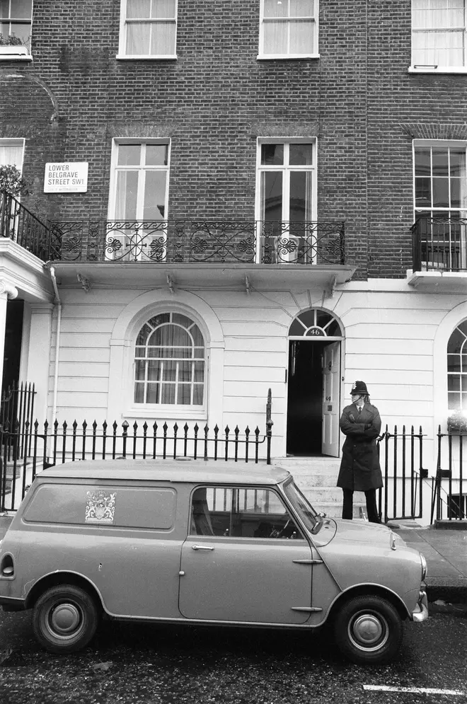 Police officer outside the home where Sandra Rivett was murdered