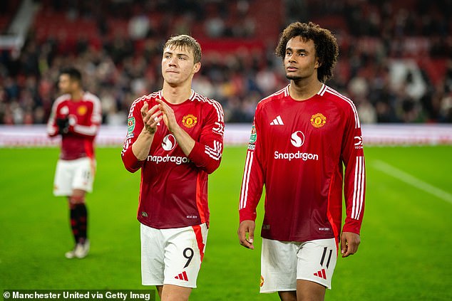 Meanwhile, United forwards Rasmus Hojlund (left) and Joshua Zirkzee (right) have struggled