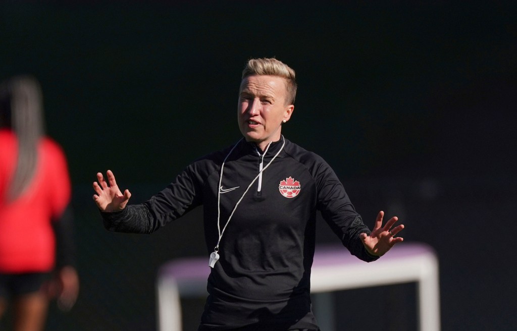 Canada coach Beverly Priestman gestures during a soccer training session ahead of the FIFA Women's World Cup in Melbourne, Australia, Monday, July 17, 2023.