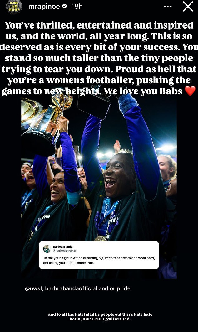 Rapinoe congratulated Banda on winning a women's soccer award despite the outrage it caused