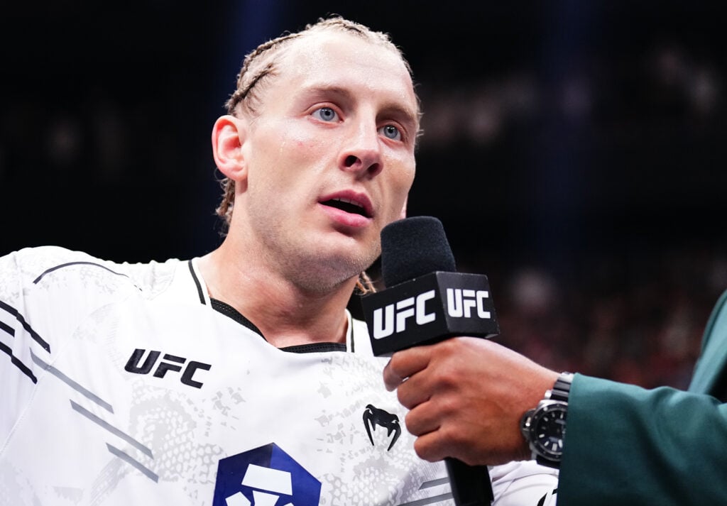 Paddy Pimblett of England reacts after his victory against King Green in a lightweight bout during the UFC 304 event at Co-op Live on July 27, 2024...