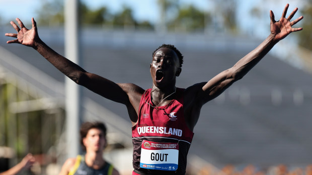 Gout Gout celebrates winning the boys' U18 100m final at the Australian All Schools Athletics Championship.