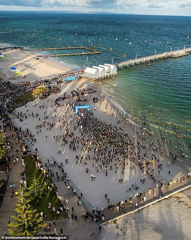 An athlete died after suffering from a medical issue during the swimming leg of the world famous Busseltown Ironman endurance race (pictured) in WA on Sunday