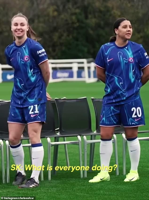 The Chelsea goal machine was all smiles (right) with her teammates ahead of a photo shoot in London
