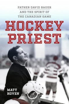 A book cover featuring a man looking upwards, and others in hockey gear.
