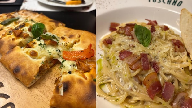 (L-R) Harissa Chicken Garlic Bread, Spaghetti Carbonara